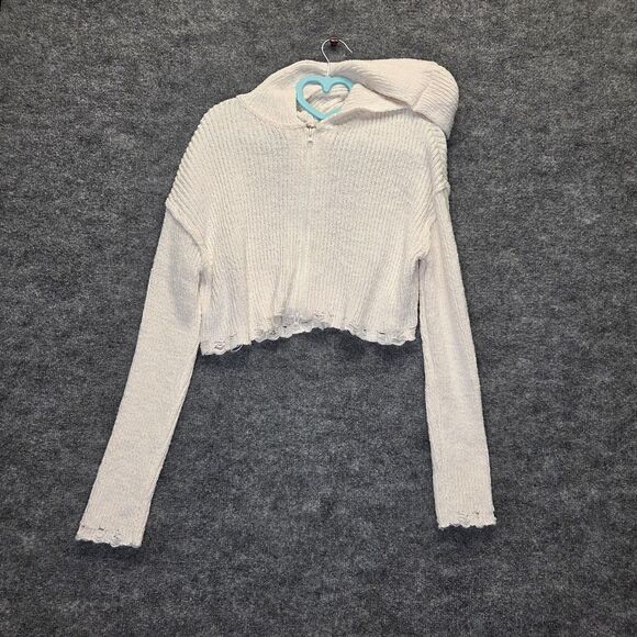 Moon & Madison Sweater Womens Large White Cropped Zip Hoodie Knit Distressed - Picture 2 of 11